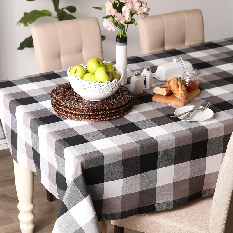 DII Tri-Color Check Collection 100% Cotton Tabletop, Tablecloth, 52x52, Black