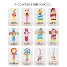 JENSENER Soft Baby Toy, Wrist Rattle & Foot Finder Rattle Socks, Handheld Plush Rattles Rings Pram Car Seat Activity Stroller Hanging Toy, Newborn Baby Rattle Toys for Infant Boy or Girl (12 PCS-B)