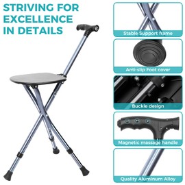 ENLUNTRA Portable Adjustable Folding Walking Cane with Seat ，Cane seat for Seniors with Magnetic Massage Handle, Supports up to 330 Pounds