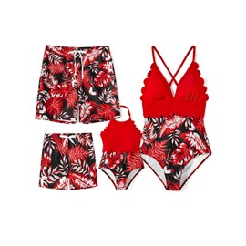 PATPAT Family Matching Swimwear One Piece Swimsuits Tropical Red Floral Print Bathing Suits Adjustable Straps Beachwear Men XXL