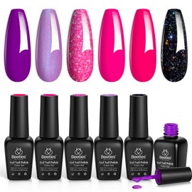 Beetles Purple Gel Nail Polish, 6 Colors Glitter Hot Pink Gel Nail Polish Kit Pink Black Shimmer Soak Off Uv Gel Polish Set Dreamy Swirl Thread Effect DIY Manicure Gift for Women