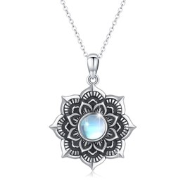 MOPOPOK Black Mandala Moonstone Pendant Necklace for Women Sterling Silver Protection Jewelry Mother's Day Gifts