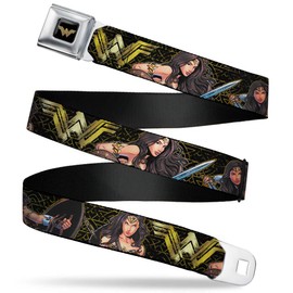 Cinturón de seguridad para hombre de Buckle Down, Wonder Woman Icon/Sketch Poses Black/Gold, 1.0" Wide - 20-36 Inches