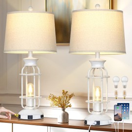 28" Vintage Table Lamps with USB C+A Ports & Outlet, Industrial Farmhouse Table Lamp for Living Room, Rustic Mid Century Modern Bedside Lamps with Nightlight & Beige Fabric Lampshade, Oil-Rubbed White