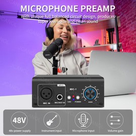 JCANOL MIC-1 Microphone Preamp Mic Gain Booster with 2 Input Max 75db Gain 48V Phantom Power Ultra-Clean Gain for Dynamic and Condenser Mic