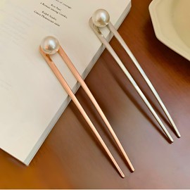 Miaomyao U-shaped Kinkzashi, U-Shaped, Set of 2, Kimono, Hair Clip, Metal, Antique, U Pin, Simple, Retro, Single Pearl, U-Shaped Comb, Silver, Pink Gold, Hair Accessories