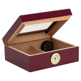 Quality Importers Desktop Humidor, Capri, with Tempered Glasstop, Cedar Divider, and Brass Ring Glass Hygrometer, Holds 25 to 50 Cigars, Red
