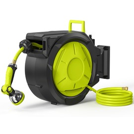 Retractable Garden Hose Reel 50ft Wall Mounted Water Hose with 10 Pattern Nozzle Automatic Rewind 180° Swivel Bracket Heavy Duty Hose for Outdoor Lawn Yard