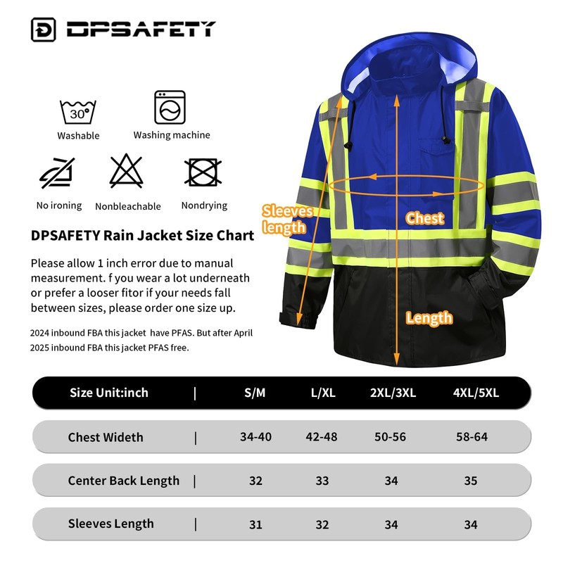 DPSAFETY Reflective Rain jackets for men waterproof,Hi Vis Safety Coat