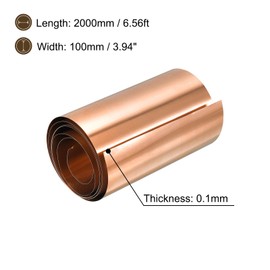 sourcing map Copper Sheet Roll, 2000mm x 100mm x 0.1mm 99.9% Pure Copper Strip Metal Foil Plate for Electrical DIY Projects