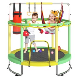 Trampoline for Kids, Upgrade Full Anti-Rust 440lbsToddler Trampoline with Net, 60'' Upgraded Ring Legs with Adjustable Gymnastics Bar&Toys, Gifts for Ages 1-8 Boys&Girls(Yellow)