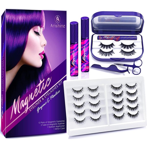 Arishine 3D 5D Magnetic Eyelashes with Eyeliner Kit, 10-Pair Reusable Natural Magnetic Lashes, 2 Pair Fluffy magnetic Eyelashes, 2 Tubes of Magnetic Eyeliner with Scissors Tweezers & Mirror Case