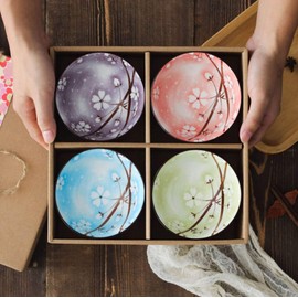 Mose China ~ Set of 4, Japanese Style Ceramic Rice Bowl Assorted Designs and Color with Phum Flowers Underglazed Dinnerware Ideal For Dessert Snack Cereal Soup in Gift Box