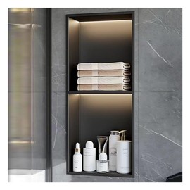 pujindu Wall Niche Shower Stainless Steel with LED Light, Embedded Shower Niche, Shower Niche Wall Insert, No Tile Needed for Bathroom Kitchen(Black,70x28x12.5cm)