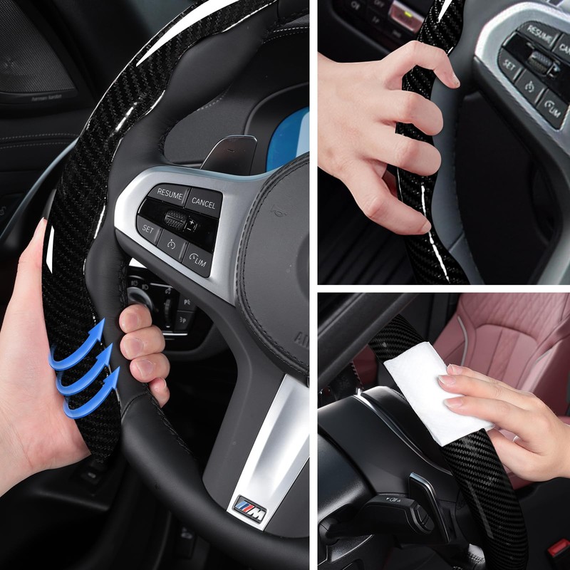 Car Steering Wheel Cover Set Bright Carbon Fiber Wrap Non-Slip