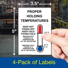 ComplianceSigns.com Vertical Proper Holding Temperatures Label Decal with Symbol, 5x3.5 in. 4-Pack Vinyl for Safe Food Handling, American Made Safety Signs for The Workplace