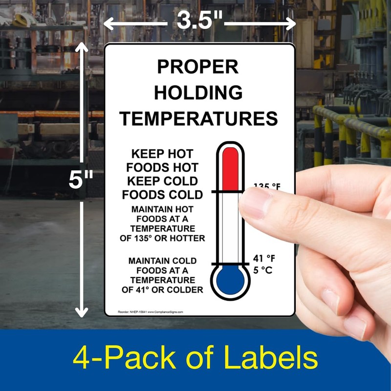 ComplianceSigns.com Vertical Proper Holding Temperatures Label Decal with Symbol, 5x3.5
