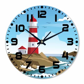 NOMEDOGYIM Lighthouse Wall Clock 10 inch Round Ocean Scenery Silent Non Ticking Wood Wall Clocks Battery Operated Easy to Read Decorative Wall Clock for Bedroom Kitchen Living Room Bathroom