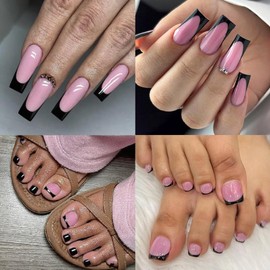 60Pcs Black French Tip Press on Nails & Press on Toenails Set - Square Press on Nails - Medium Fake Nails with Glue - Black French Press on Toe Nails - Full Cover Stick on Nails for Women Manicure DIY