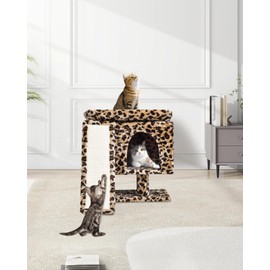 SYANDLVY Small Leopard Print Cat Tree with Perch for Indoor Cats, Cat Tower with Scratching Post, Modern Activity House for Large Cats, Condo with Board, Kittens Cave