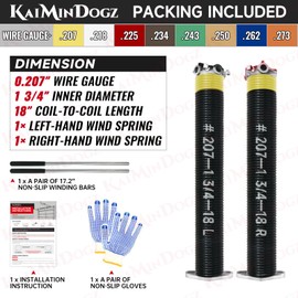 KaiMinDogz Pair of 1.75" Garage Door Torsion Springs Set with Non-Slip Winding Bars&Gloves, High Precision Electrophoresis Oil-Free Black Coated for Replacement, MIN 16,000 Cycles (0.207 x 1.75"x 18")