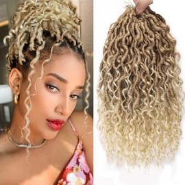 Curly Faux Goddess Locs Crochet Hair 12Inch Pre Looped Synthetic Deep Curly Hairstyle Hippie Locs Crochet Braids Extensions（27/613,12inch（pack of 8))