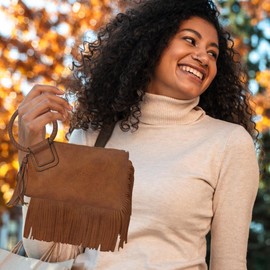 NGIL Women's Wristlet Purse With Fringe Tassel, Faux Leather Mini Handbag (Fringe-Light Brown)