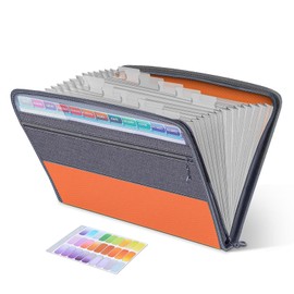 EExpanding File Folder,Fun Storage Document Organiser Box Files,13 Pockets Zip Filing Folders,5 Colours,Accordian File Folder with Tabs,Expandable Documents Wallet Accordion File Organisers, Orange