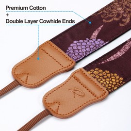 Padwa Lifestyle Camera Strap - 2" Cowhide Leather Head Cotton Camera Straps for Photographers,Vintage Print Purple Daisy Japanese Art Neck & Shoulder Adjustable Strap for DSLR SLR Mirrorless Cameras