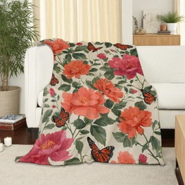 SOMEKLLY - Manta de flores vintage suave y acogedora, manta de franela ligera con estampado retro de peonía y mariposa para mujeres, elegante decoración botánica para dormitorio, oficina, regalos 127