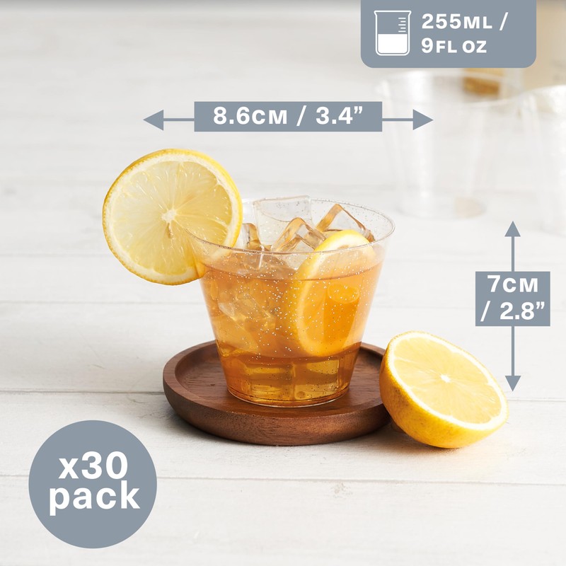 MATANA 30 Clear Hard Plastic Cups, Tumblers with Silver Glitter