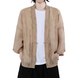 PRIJOUHE Men's Cotton Linen Kimono Robe Lightweight Open Front Kimono Jackets Japanese 3/4 Sleeve Yukata Bathrobe