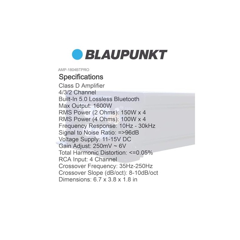 Blaupunkt AMP-1804BTPRO 1600W 4-Channel Amplifier with Bluetooth - 2 Ohm