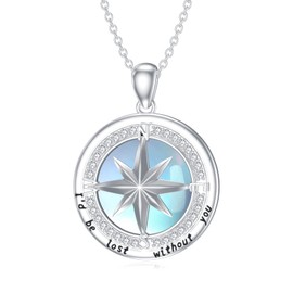 BETHZA Moonstone Compass Necklace 925 Sterling Silver Compass Pendant Travel Compass Necklace Nautical Dream Graduation Inspirational Compass Jewelry Gifts for Women