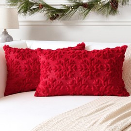 Artscope Set of 2 Xmas Soft Plush Short Wool Velvet Decorative Cushion Covers 30x50cm Luxury Style Throw Pillow Covers Pillow Shell for Sofa Bedroom Christmas Snowflake Red