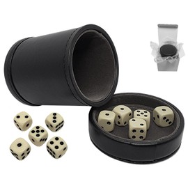 Cyber-Deals Black PU Leather Dice Cup Premium Felt Lined, Pip Dot Dice, Plus Extra Die Set (Gift Boxed) for Liar's Dice Farkle Yahtzee and Other Dice Games (Black/Dark Grey Cup, 16mm Dice (Bone))