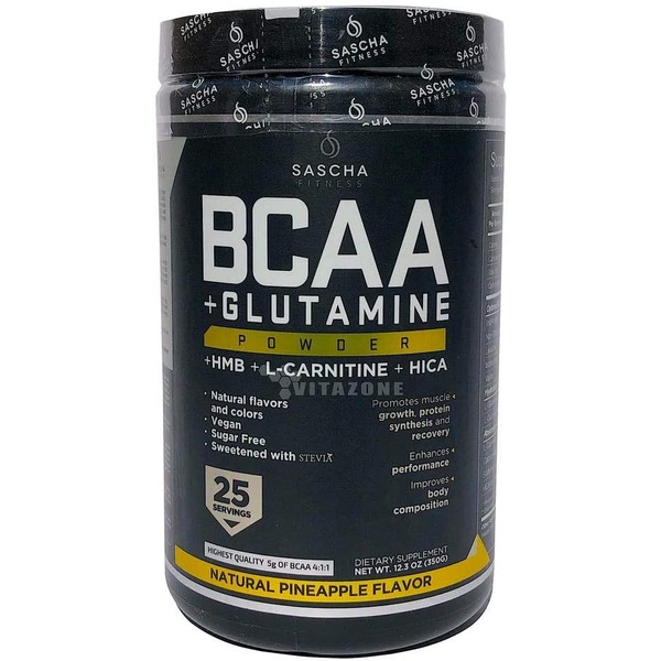 Sascha Fitness BCAA 4:1:1 + Glutamine,HMB,L-Carnitine, HICA | Powerful and Instant Powder Blend with Branched Chain Amino Acids (BCAAs) for Pre, Intra and Post-Workout | Natural Pineapple Flavor,350g