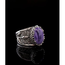 Filigranist 925 Sterling Silver Filigree Art Tulip Detailed Women Statement Cocktail Ring with Charoite Gemstone, Luxurious Gift Packed (Charoite, 6.5)