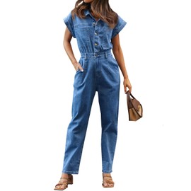 Tongmingyun Women's Cap Sleeve Denim Jumpsuit Button Down Straight Leg Jeans Long Pants Rompers with Pockets