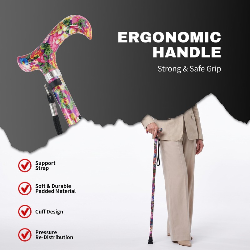 YOKABOZE Aluminum Adjustable Folding Cane with Floral Pattern – Twist-Lock