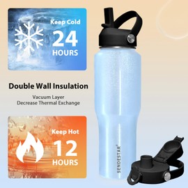 SENDESTAR 32oz Stainless Steel Water Bottle(Cold for 48 Hrs, Hot for 24 Hrs),Double Wall Vacuum Insulated Bottle with Straw Lid, Spout Lid and Flex Cap, Fit in Any Car Cup Holder,Laser Blue