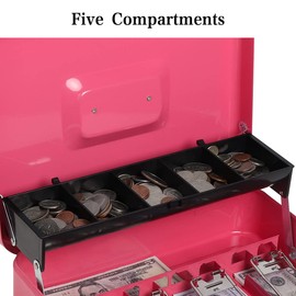 Decaller Large Cantilever Money Box, Cash Box with Key Lock - 5 Compartments & 4 Spring-Loaded Clips for Bills, 11 4/5" x 9 2/5" x 3 1/2" Pink