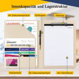 UMRIOX A4 Clipboard Folder with A4 Notepad, PU Clipboard A4 with Lid, Clipboard with Storage Compartment and Pen Holder, Conference Folder for Office and Conferences (Grey)