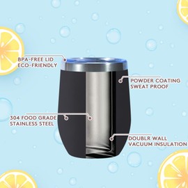 Dongni Stemless Insulated Wine Glass Tumbler,12 oz Stainless Steel Stemless Wine Glass Keeps Beverages Cold for 6 Hours, Hot for 3 Hours Non-Slip, Easy-Grip Insulated Cup(Mix 6pack)