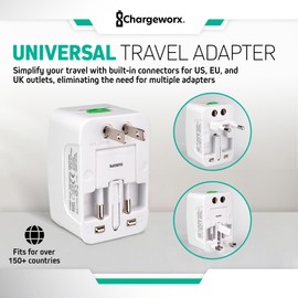 ChargeWorx International Power Adapter Plug, Universal Travel Adapter with US EU UK Plugs, Portable Worldwide Outlet Converter with Surge Protection & LED Power Indicator, Works in Over 150 Countries