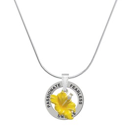 Delight Jewelry Silvertone Yellow Hibiscus Flower - Silvertone Strong Fearless Passionate Message Ring Necklace, 18"