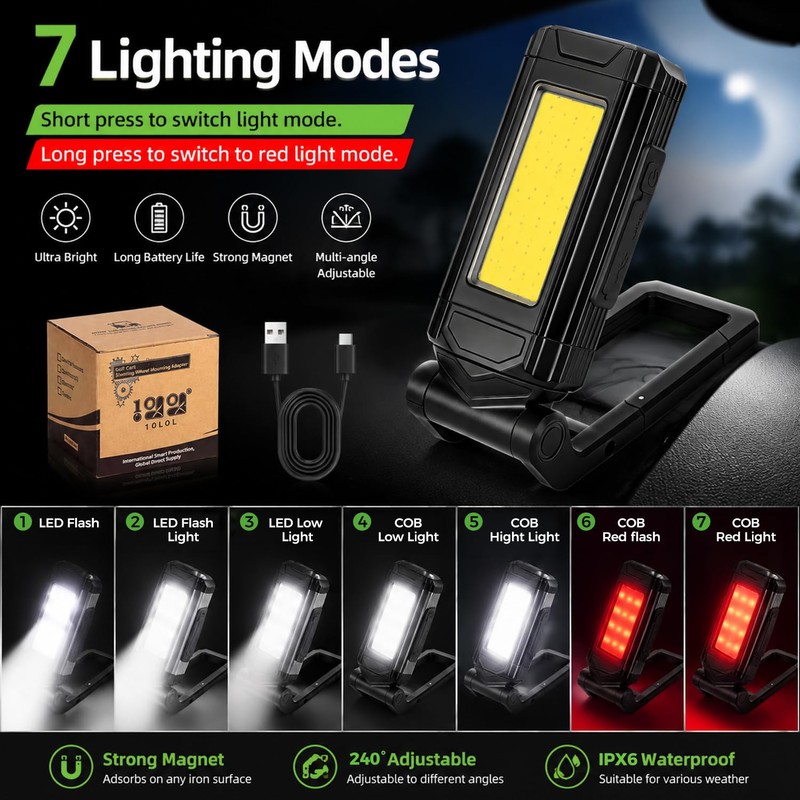 10L0L Golf Cart LED Dome Light, 360° Rotatable Magnetic Rechargeable