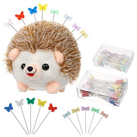 BENBO 1PC Hedgehog Shape Pin Cushion with 100PCS Flat Head Straight Pins, Butterfly Head Sewing Pins Colorful Straight Quilting Pins Sewing Needle Pincushions Quilting Holder Fabric Pin Cushion