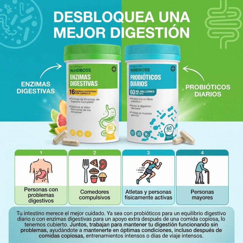 Windboss Billones Probióticos Enzimas 120 Cápsulas