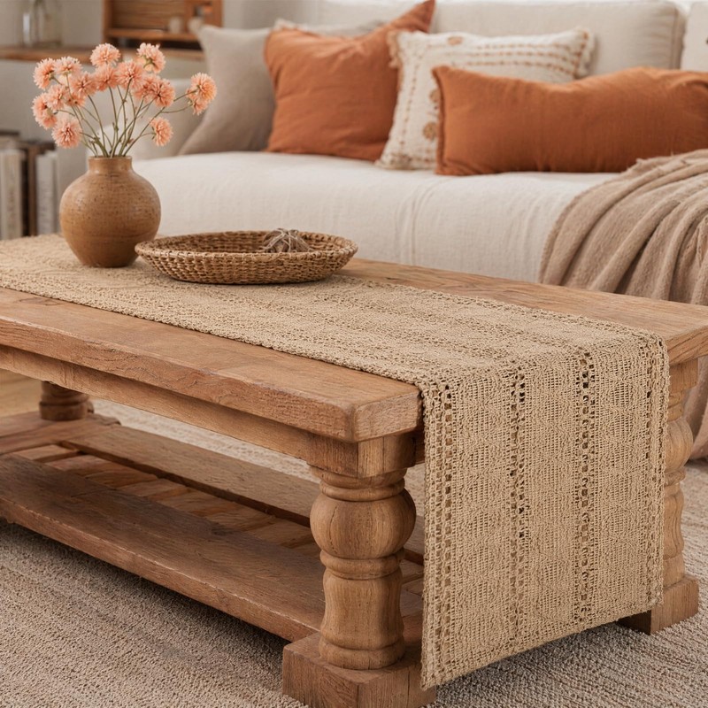 Merzio Boho Table Runner Macrame Cream Beige Woven Cotton, Linen